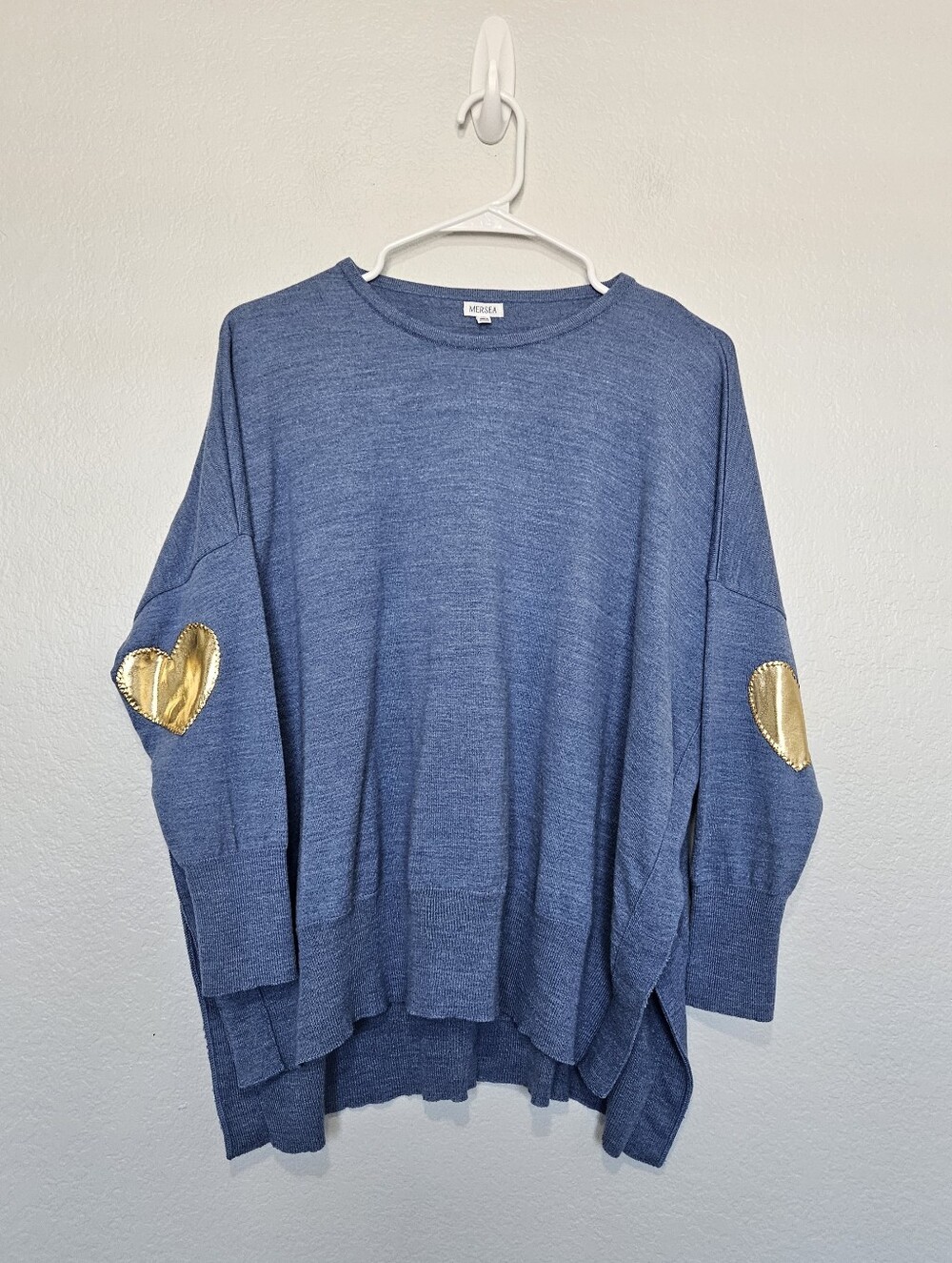 Mersea | Amour Sweater Heart Elbow Patch Pullover Womens One Size Blue Gold